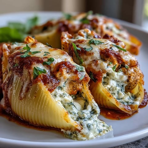 Golden baked Pesto Lasagna Stuffed Shells topped with fresh basil leaves and bubbly mozzarella.