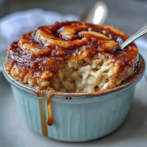 Freshly baked Cinnamon Swirl Protein Banana Baked Oats steaming in a white ramekin beside sliced bananas.