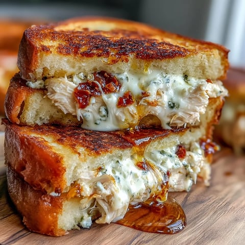 Goat Cheese & Hot Honey Chicken Grilled Cheese sandwich sliced in half on a wooden board, showcasing melty, gooey cheese and juicy shredded chicken.