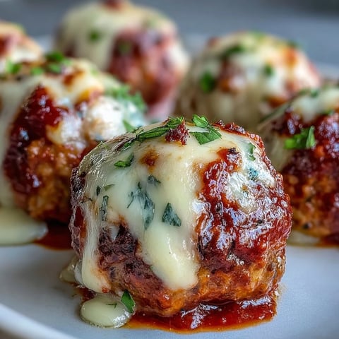 Golden-brown Baked Spicy Chicken Parm Meatballs rest in a baking dish, smothered in red marinara sauce and under bubbly, melted mozzarella.