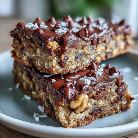 Golden-baked Chunky Monkey Protein Baked Oat Bars with chocolate chips and walnuts on a cooling rack
