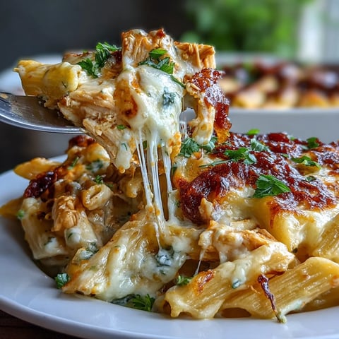 Golden bubbly cheddar and mozzarella top a creamy Buffalo Ranch Chicken Pasta Bake garnished with fresh green onions. 