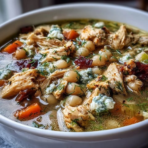 A warm bowl of Greek Chicken & Pearl Couscous Soup topped with crumbled feta, fresh dill, and a bright lemon wedge.