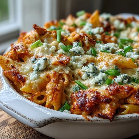 Creamy Buffalo Ranch Chicken Pasta Bake emerges golden and bubbly from the oven, topped with melted mozzarella and cheddar, ready to serve hot.