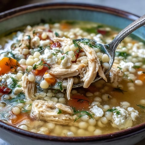 Steaming bowl of Greek Chicken & Pearl Couscous Soup topped with crumbled feta and fresh dill.