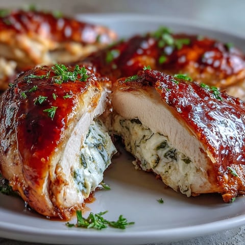 Golden-brown Hot Honey Ricotta Stuffed Chicken breasts rest on a platter, oozing creamy ricotta filling and drizzled with sticky red glaze.