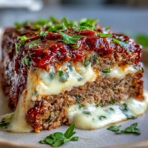 Italian Meatloaf with Mozzarella bubbling with melted cheese and rich marinara on a rustic wooden serving platter.