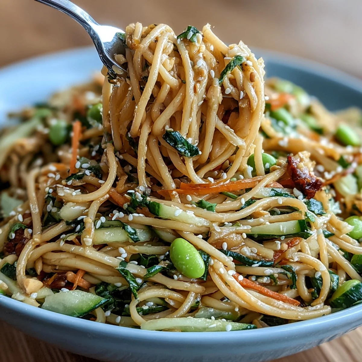 Cold Sesame Ginger Noodle Bowl topped with crisp cucumber, shredded carrots, and toasted sesame seeds.