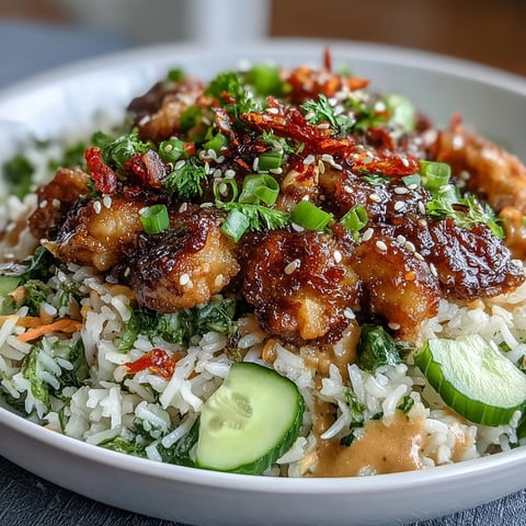 Golden crispy rice clusters mingle with colorful vegetables and toasted sesame seeds in a bowl.