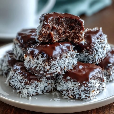 Freshly dipped Healthy Chocolate Coconut Bites with a rich dark chocolate shell on a rustic wooden board.