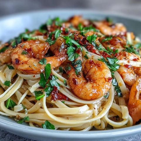 Steaming Chilli-Garlic Shrimp Linguine in a skillet with fresh parsley and lemon zest.