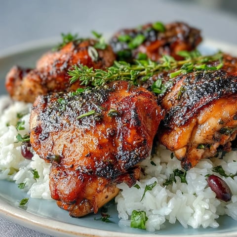 Golden-brown jerk chicken thighs rest on a bed of fluffy coconut rice and kidney beans, garnished with fresh thyme and a lime wedge.