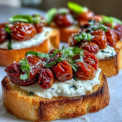 Golden, crispy crostini slices are topped with creamy burrata cheese and roasted cherry tomatoes, garnished with fresh basil.