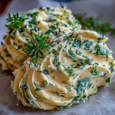 Softened butter whipped with wildflower honey and fleur de sel, dotted with fresh thyme, ready for a warm baguette.