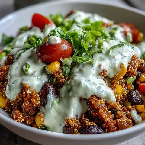 One-Pot Lentil Taco Meat Quinoa Bowls with Avocado Lime Crema are served warm with fresh corn and tomatoes.