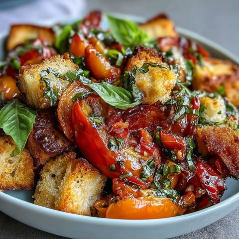 Golden, crispy sourdough croutons tossed with colorful heirloom tomatoes and cucumber slices in a vibrant basil vinaigrette.