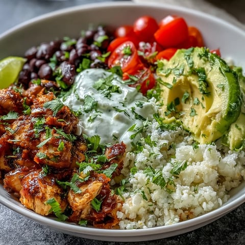 400-Calorie Burrito Bowl with Cilantro-Lime Cauliflower Rice topped with juicy sliced chicken, black beans, avocado, and creamy Greek yogurt. 