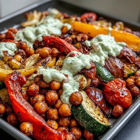 Sheet pan rainbow veggie and chickpea fajitas roasted with smoky spices and finished with creamy guac yogurt drizzle.