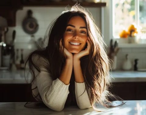 A woman with long hair and a white sweater smiles.
