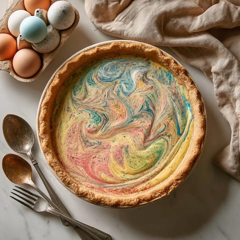 A colorful pie with a swirl pattern on top.