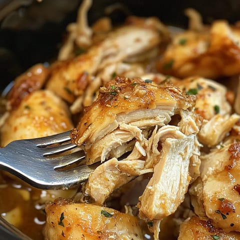 A fork is stuck in a bowl of chicken.