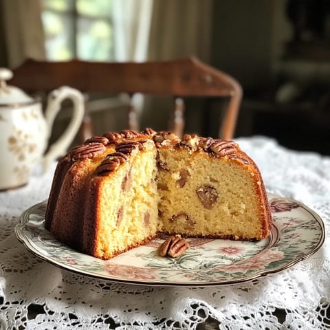 A slice of butter pecan pound cake on a plate.