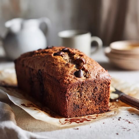 A loaf of chocolate banana bread on a plate.