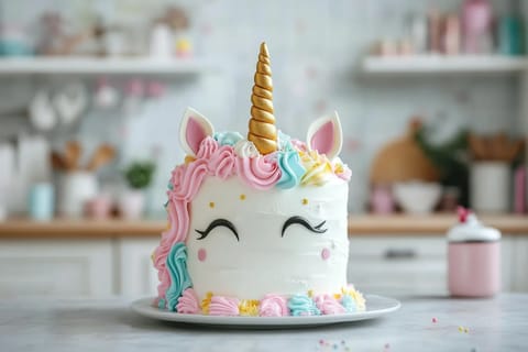 A unicorn cake with pink and white frosting.