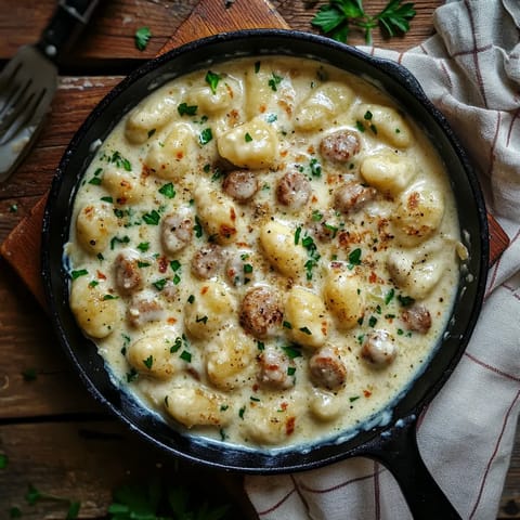 A bowl of creamy gnocchi with sausage.