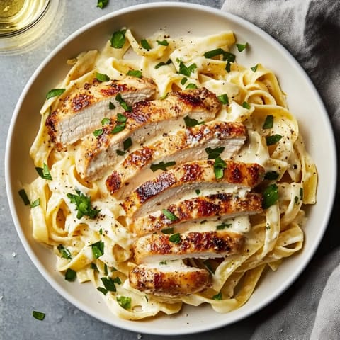 A plate of chicken alfredo with pasta and herbs.