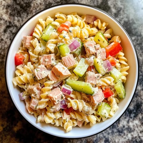 A bowl of pasta salad with tuna and vegetables.