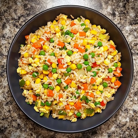 A bowl of rice with vegetables.