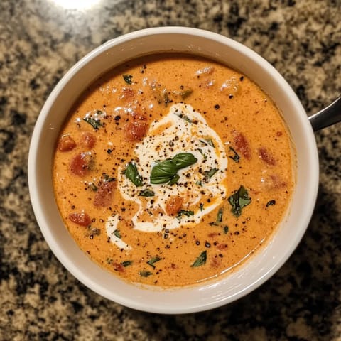 A bowl of creamy tomato basil soup.