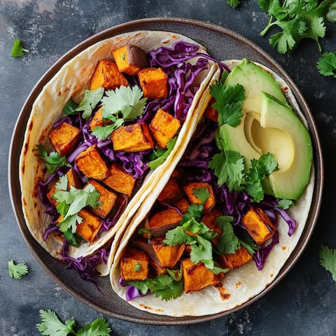 A plate of vegan sweet potato tacos.