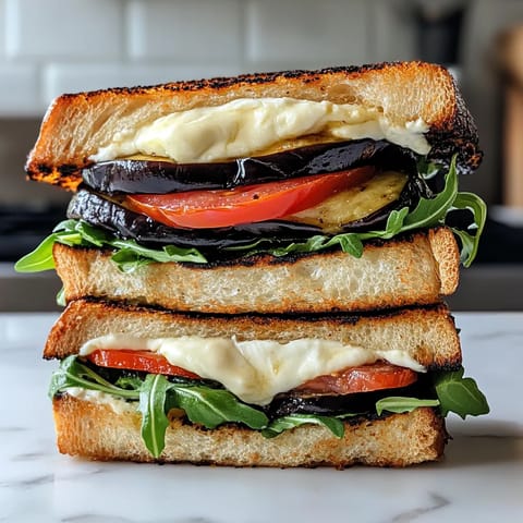 A grilled eggplant sandwich with tomato and cheese.