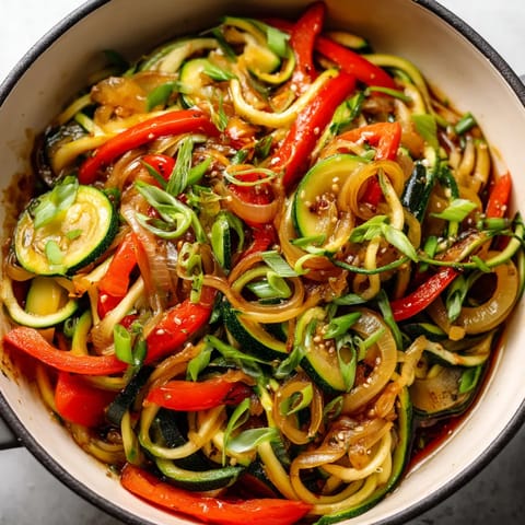 A bowl of zucchini noodle stir-fry.