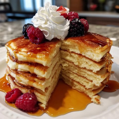 A stack of buttermilk pancakes with whipped cream and berries.