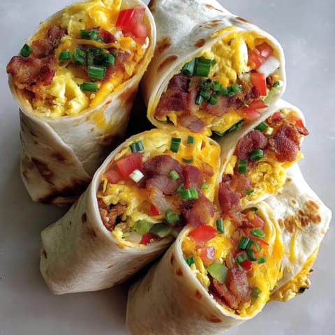 A breakfast burrito wrap with bacon and tomatoes.