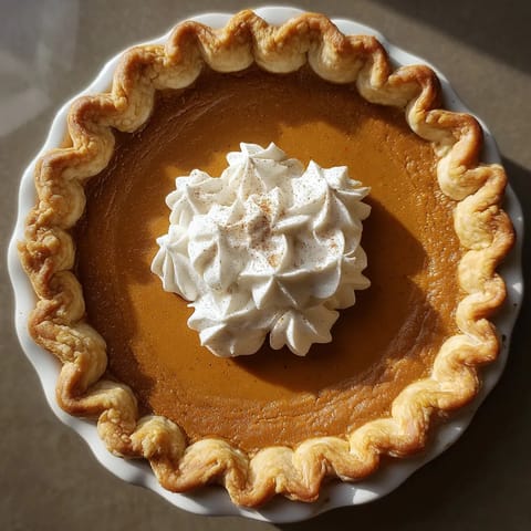 A slice of pumpkin pie with whipped cream on top.