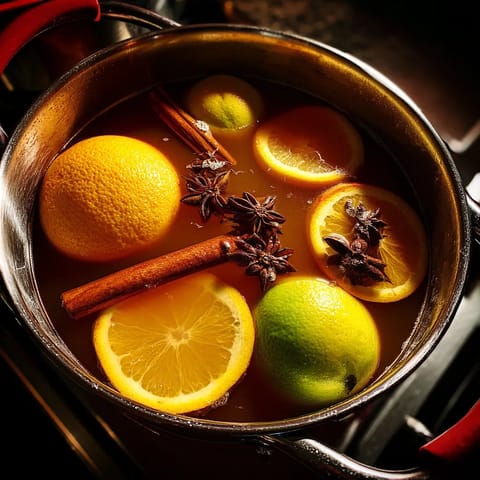 A pot of mulled apple cider with lemon and cinnamon.