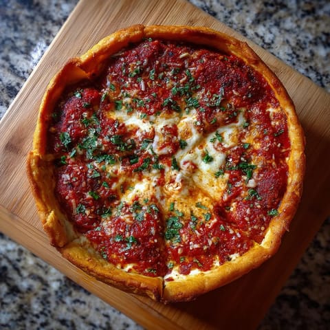 A deep dish pizza with cheese and tomato sauce.