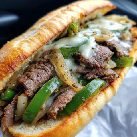 A close up of a Philly cheesesteak sandwich.