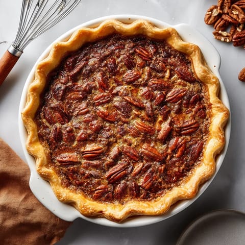 A pecan pie with a golden crust.