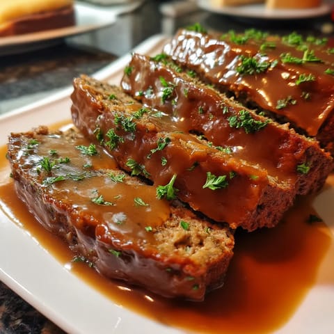 A plate of meatloaf with gravy.