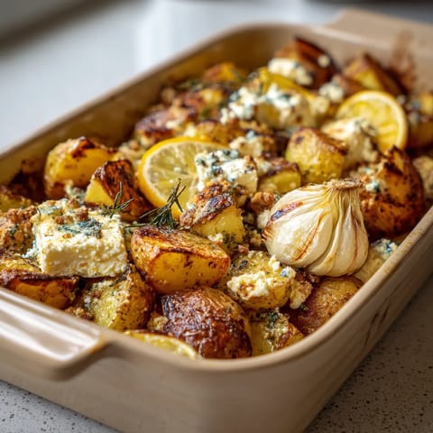 A dish of baked feta potatoes.