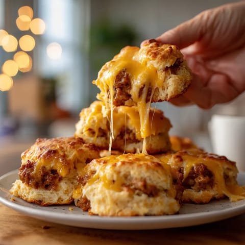A plate of sausage cheese biscuits.