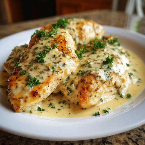 A plate of creamy asiago chicken.
