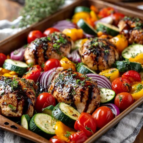 A pan of balsamic glazed chicken and vegetables.