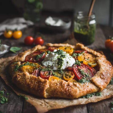 A galette with tomatoes and whipped burrata.