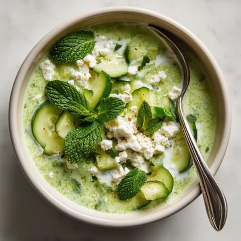 A bowl of chilled cucumber mint soup with crumbled feta.
